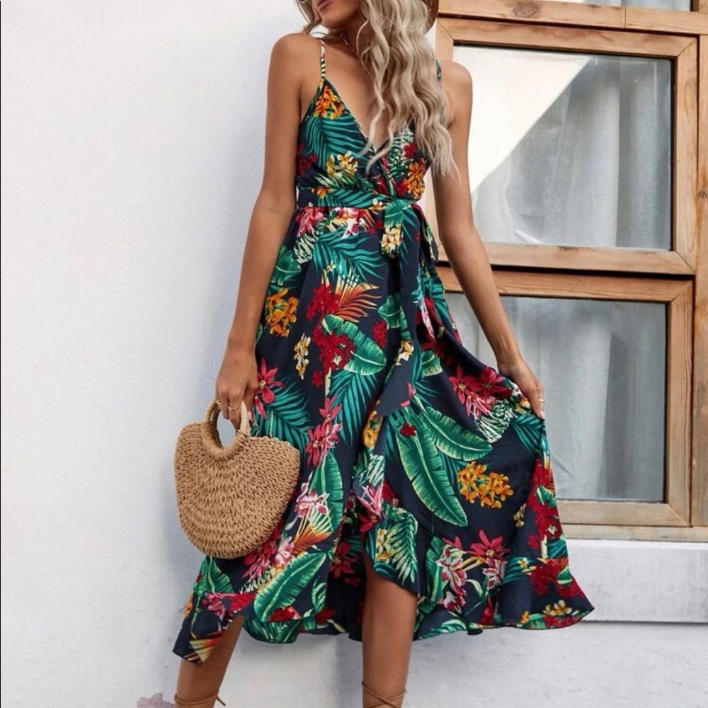 Multi-color tropical midi dress